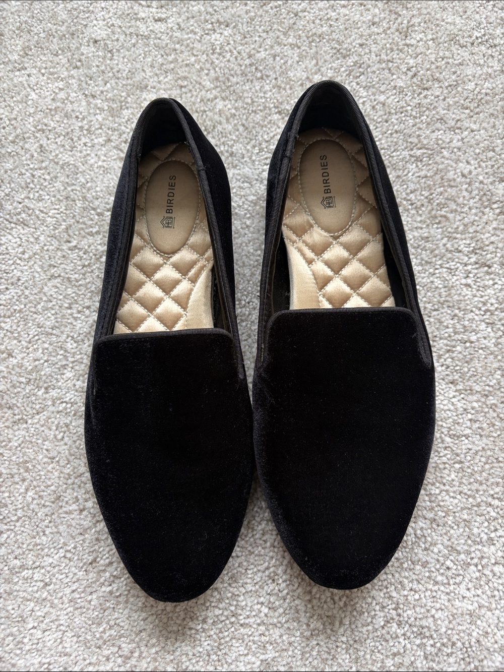 Birdies Black Velvet Quilted-Insole Slip-On Loafers for Women